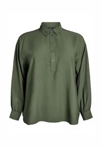 Zielona oliwkowa bluzka z długim rękawem, z zapięciem na guziki przy kołnierzyku i mankietach, z przodu zdobiona panelem na guziki składającym się z pięciu guzików.