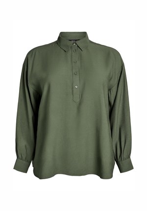 Tmavohnedá blúzka s dlhými rukávmi a gombíkovým golierom a manžetami, so zapínaním na prednej časti s piatimi gombíkmi.