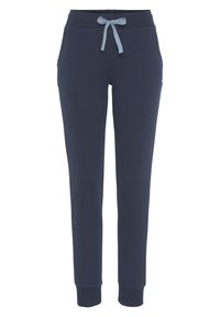 Marineblaue Sweatpants aus weichem Stoff, mit einem gerippten Bund, anpassbarem hellblauen Kordelzug und eng anliegenden Bündchen an den Knöcheln.