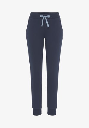 Marineblaue Sweatpants aus weichem Stoff, mit einem gerippten Bund, anpassbarem hellblauen Kordelzug und eng anliegenden Bündchen an den Knöcheln.