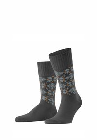Graue Socken mit einem gemusterten Bündchen, das ein geometrisches Design in Hellgrau und orangefarbenen Akzenten zeigt. Hergestellt aus einem weichen, strukturierten Material.
