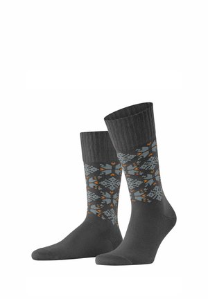 Graue Socken mit einem gemusterten Bündchen, das ein geometrisches Design in Hellgrau und orangefarbenen Akzenten zeigt. Hergestellt aus einem weichen, strukturierten Material.