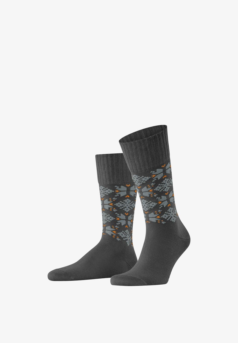 Graue Socken mit einem gemusterten Bündchen, das ein geometrisches Design in Hellgrau und orangefarbenen Akzenten zeigt. Hergestellt aus einem weichen, strukturierten Material.