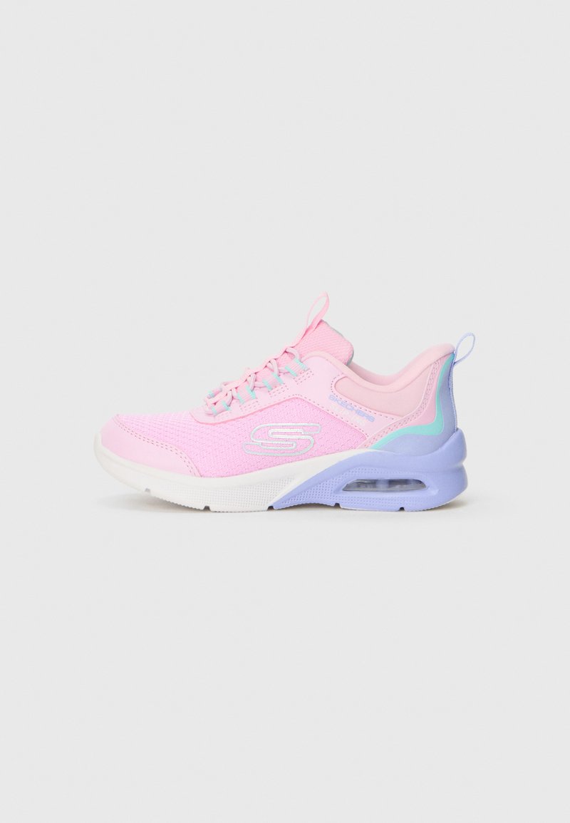 Sneaker with a pink mesh upper, blue accents, and white sole. Features a padded collar, lace-up design, and visible air cushioning.