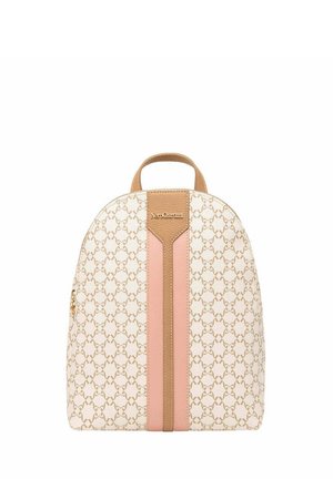 Beige mönstrad ryggsäck med en slät textur, som har ett centralt rosa rand, läderdetaljer och ett bra handtag. Varumärkeslogotyp synlig.