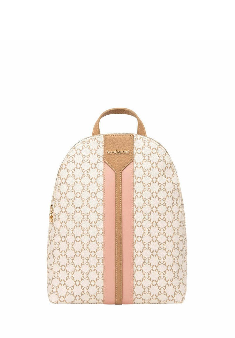 Beige mönstrad ryggsäck med en slät textur, som har ett centralt rosa rand, läderdetaljer och ett bra handtag. Varumärkeslogotyp synlig.