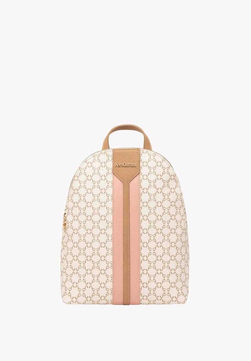 Beige mönstrad ryggsäck med en slät textur, som har ett centralt rosa rand, läderdetaljer och ett bra handtag. Varumärkeslogotyp synlig.