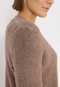 Brauner, flauschiger Pullover mit strukturierter Oberfläche, runder Halslinie und sichtbaren Nähten entlang der Schulterpartien.