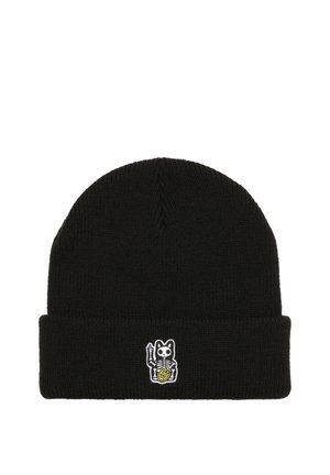 Black knit beanie with folded edge featuring a small embroidered skeleton cat holding a coin on the front center.