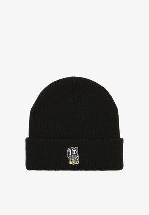 Black knit beanie with folded edge featuring a small embroidered skeleton cat holding a coin on the front center.