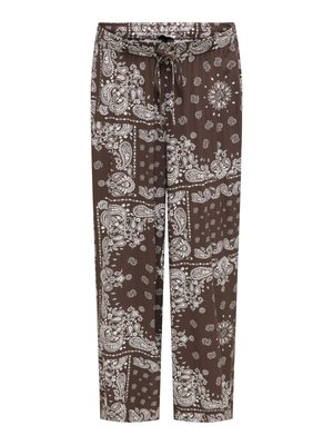 Brune bukser med snøre, med hvid paisley- og blomster bandana-print, straight ben og elastisk talje.