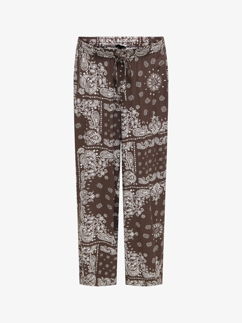 Pantalon marron à cordon avec imprimé bandana blanc paisley et floral, coupe droite et taille élastique.