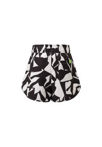 Černobílé atletické šortky s abstraktním vzorem, elastickým pasem a malou zadní kapsou s neonově zelenou visačkou.