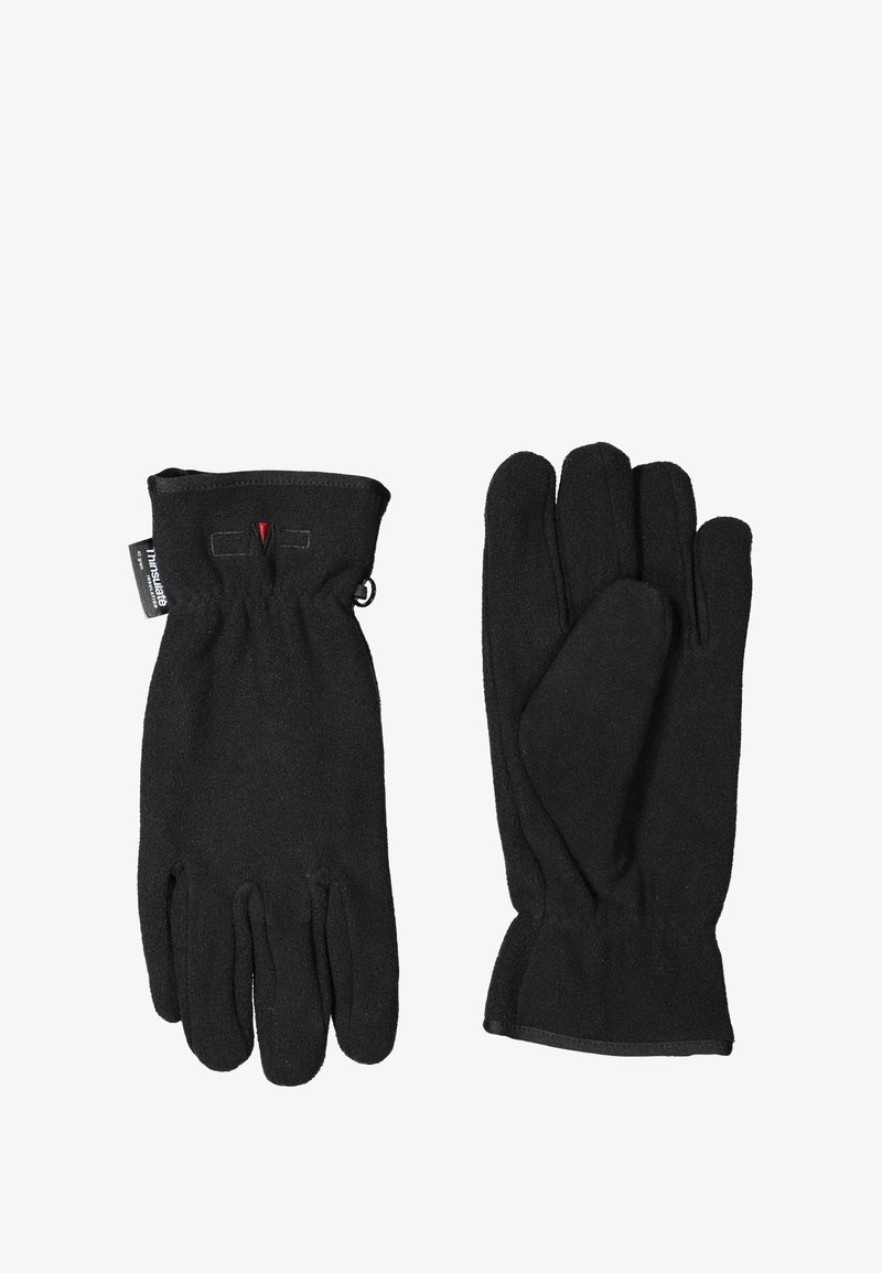 Sorte fleecehandsker med en glat tekstur, der har en tætsiddende håndledsåbning og minimalisk design. Venstre handske har en finger, mens højre handske viser fingrene.
