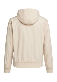 Bež jakna s kapuco in dolgimi rokavi, z elastikama na zapestjih in v pasu, prikazana s hrbtne strani na beli podlagi.