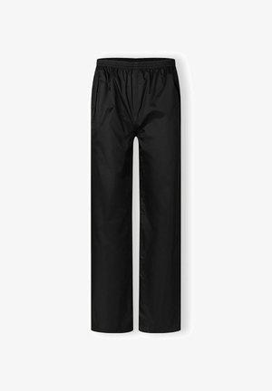 Zwarte waterdichte broek met een elastische taille, rechte pijpen en zijzakken. Gemaakt van licht materiaal.