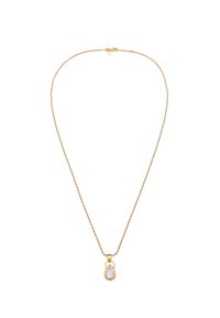 Collier en chaîne dorée avec un pendentif en forme de goutte d'eau orné d'une pierre irisée, relié par un design à double boucle. Simple et élégant.