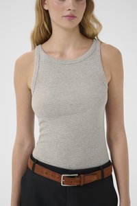 Gray ribbed tank top with wide straps, featuring a round neckline. Paired with a brown suede belt and dark pants. Smooth texture overall.