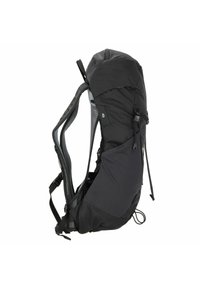 Mochila de senderismo negra con panel trasero de malla acolchada, correas ajustables, múltiples bolsillos y diseño ergonómico para mayor comodidad y soporte.