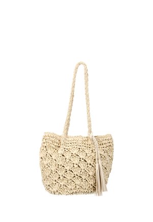 Beige gewebte Tragetasche mit strukturiertem Muster, zwei langen Griffen und dekorativen Quasten an einer Seite.