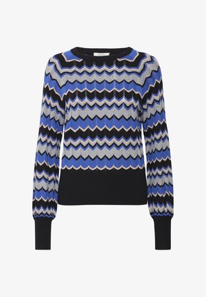 Pulover u plavoj i crnoj boji s uzorkom koji sadrži zigzag dizajn s sivim i bež akcentima, ojačanim manžetama i kružnim izrezom.