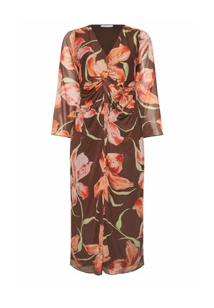 Ruskea midimittainen mekko, jossa on pitkät läpikuultavat hihat, V-aukko, oranssin ja vaaleanpunaisen kukkakuosi ja edessä vyötäröllä kerrostettu yksityiskohta.