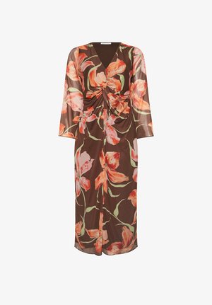 Braunes Midikleid mit langen, transparenten Ärmeln, V-Ausschnitt, Blumenmuster in Orange und Pink sowie gerafftem Detail an der vorderen Taille.