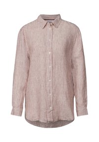 Camicia leggera con maniche lunghe realizzata in tessuto a trama, caratterizzata da righe verticali rosse e bianche, colletto classico e chiusura con bottoni frontale.