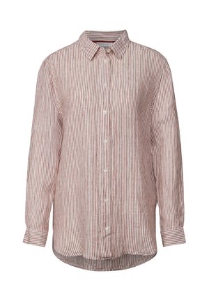 Lichte long-sleeve shirt gemaakt van geweven stof, met verticale rode en witte strepen, een klassieke kraag en een knoopsluiting aan de voorkant.