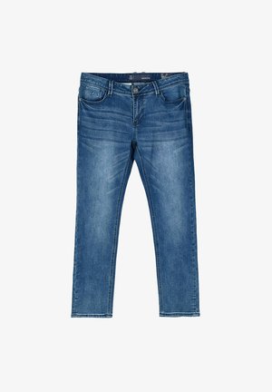 Granatowe dżinsy o slim fit, z pięcioma kieszeniami, subtelnymi przetarciami oraz detalami szwów na kieszeniach i szwach.