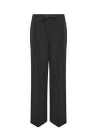 Pantaloni neri con vita regolabile, gamba ampia e texture liscia. Nessun motivo o accento visibile. Progettati per comfort e facilità.
