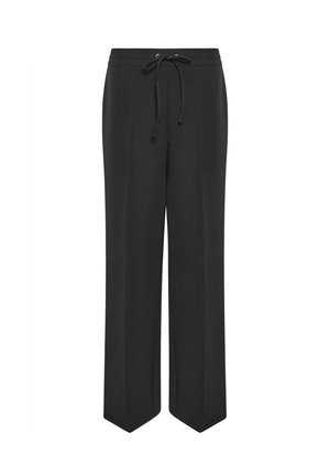 Sorte bukser med snor i livet, brede ben og en glat tekstur. Ingen synlige mønstre eller accenter. Designet til komfort og lethed.