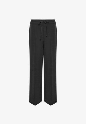 Zwarte broek met een trekkoord bij de taille, brede pijpen en een gladde textuur. Geen zichtbare patronen of accenten. Ontworpen voor comfort en gebruiksgemak.