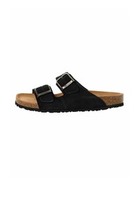 Svart mocka slidesandal med två justerbara spännen, en korkfotbädd och en texturerad svart gummisula.