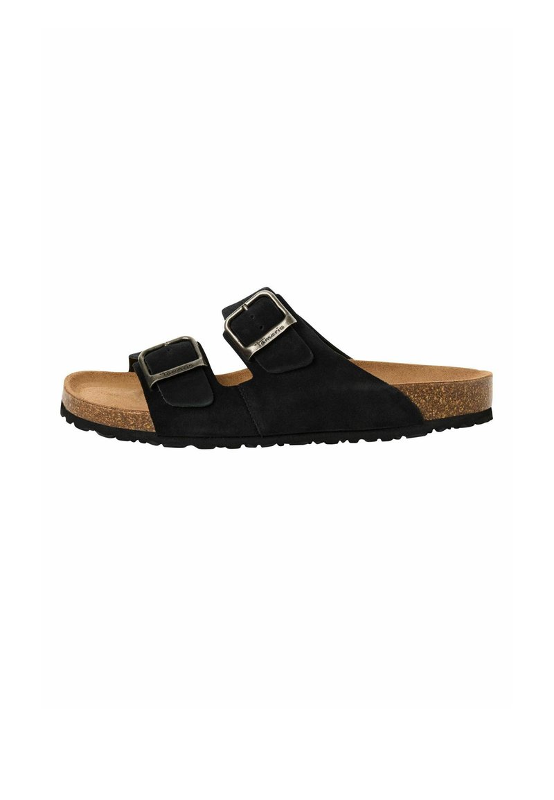 Svart mocka slidesandal med två justerbara spännen, en korkfotbädd och en texturerad svart gummisula.
