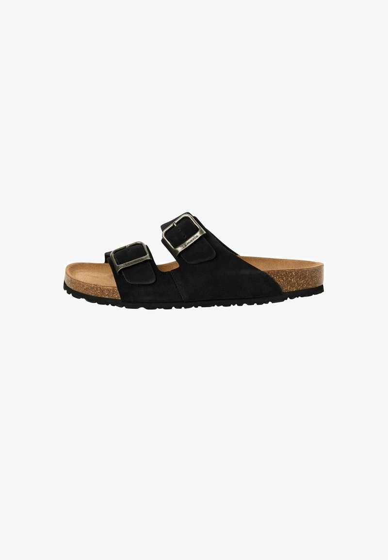 Black suede slide sandal with two adjustable buckles, a cork footbed, and a textured black rubber sole.