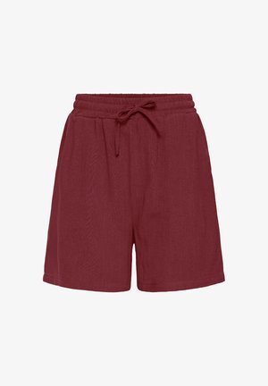 Pantaloni corti bordeaux con vita elastica e coulisse, caratterizzati da una vestibilità comoda e una trama sottile. Senza tasche o decorazioni aggiuntive.