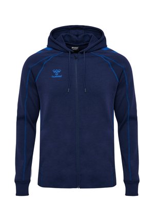 Granatowa bluza z zamkiem i kapturem wykonana z miękkiego materiału, z niebieskimi przeszyciami, kapturem ze sznurkiem i kieszeniami. Logo na lewej piersi.