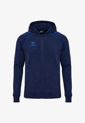 Marineblauwe hoodie met ritssluiting, gemaakt van zachte stof, met blauwe stiksels, een capuchon met trekkoord en zakken. Logo op de linkerborst.
