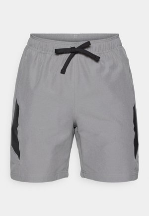 Szürke sport short, rugalmas derekú és fekete zsinórral. Az oldalsó panelek kontrasztos fekete díszítéssel rendelkeznek. Sima felszín.