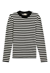 Gestreifter, schwarz-weißer, gerippter Pullover mit langen Ärmeln, runder Ausschnittform und einer figurbetonten Passform. Durchgehend gestrickte Textur.