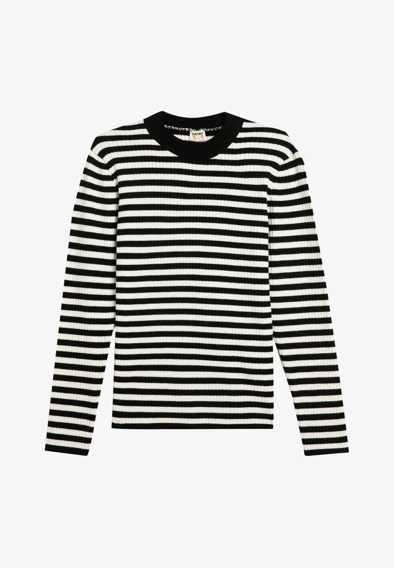 Suéter de manga larga de rayas en blanco y negro con cuello redondo y diseño ajustado. Textura de punto en toda la prenda.