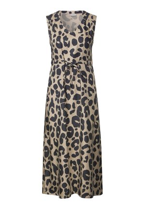 Sleeveless maxi dress in beige fabric with black leopard print, featuring a v-neckline and a coordinating tie belt at the waist.