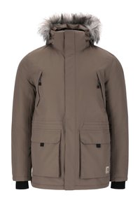 Brun isoleret jakke med en hætte foret med pels, to frontlommer og to lynlåslommer i siden. Har justerbare manchetter og et enkelt design.