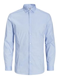 Light blue long-sleeve button-up shirt made of cotton. Features a spread collar, button front, and single cuffs with a smooth texture.