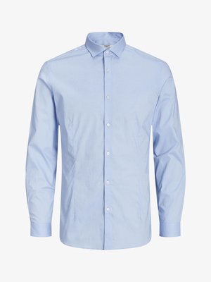 Light blue long-sleeve button-up shirt made of cotton. Features a spread collar, button front, and single cuffs with a smooth texture.