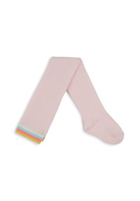 Collants roses avec une texture lisse, présentant un ourlet rayé en jaune, vert et bleu. Ils sont ajustés et conçus pour le confort.