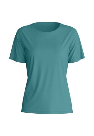 Turquoise T-shirt voor dames met korte mouwen en ronde hals, met een losse pasvorm, afgebeeld op een witte achtergrond.