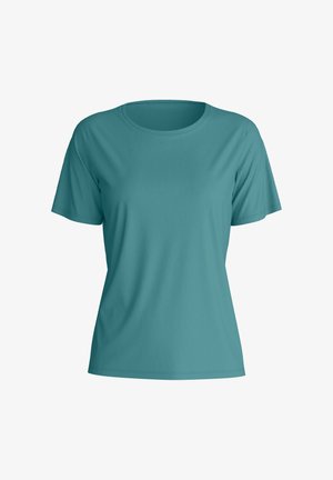 T-shirt femme à manches courtes bleu sarcelle avec col rond et coupe décontractée, présenté sur un fond blanc.