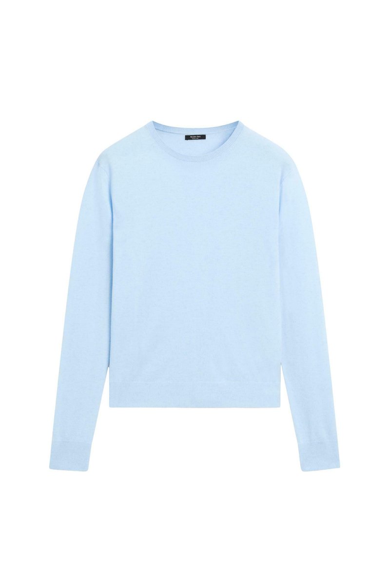 Light blue, long-sleeve sweater made from soft material. Features a crew neckline, ribbed cuffs, and a straight hem design.